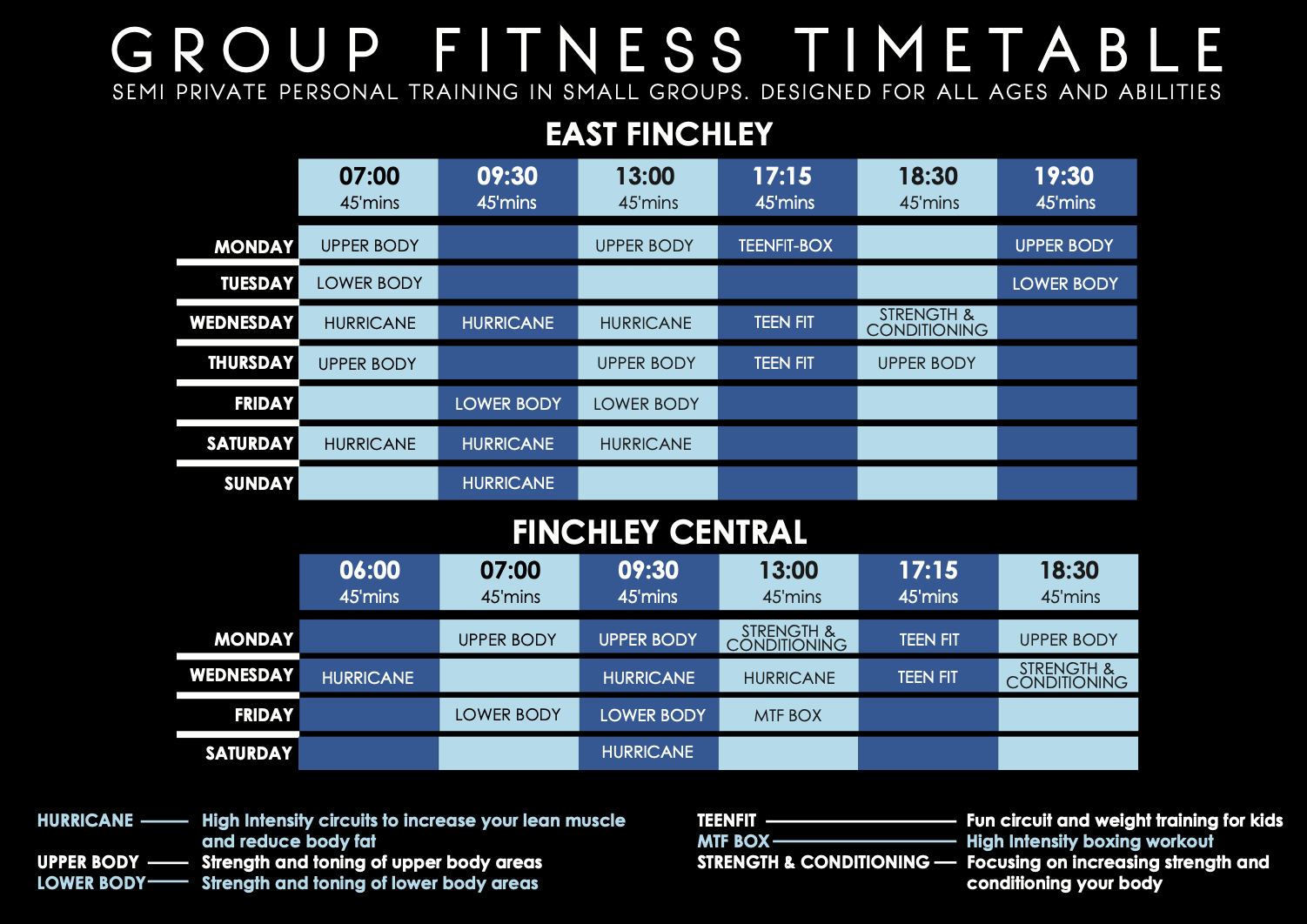 Small group timetable Finchley class